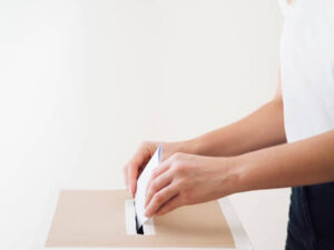 side view person putting ballot election box_23 2148265505