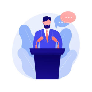 business conference corporate presentation female speaker flat character with empty speech bubbles political debates professor seminar concept illustration_335657 1739